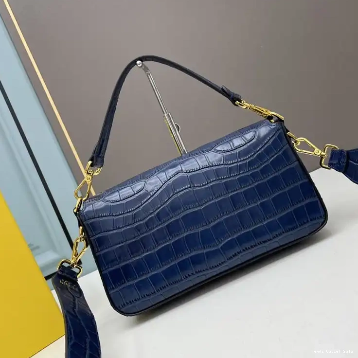 Cheap Leather Bag In Fendi Blue Medium Crocodile Baguette 0612
